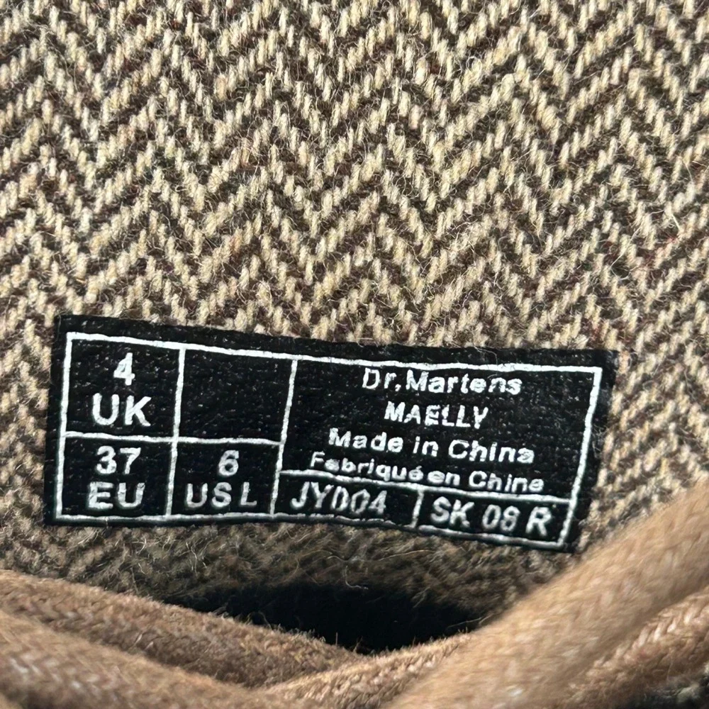 Dr. Martens Maelly Dark Brown Leather Herringbone Tweed Ankle Boots Women 6